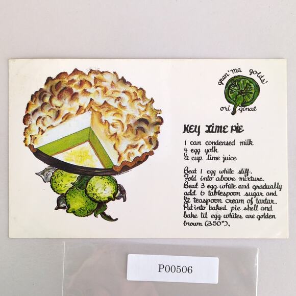 Key Lime Pie Recipe 1960s Postcard Florida Keys Gran'ma Golds Original Koppel - Picture 1 of 2